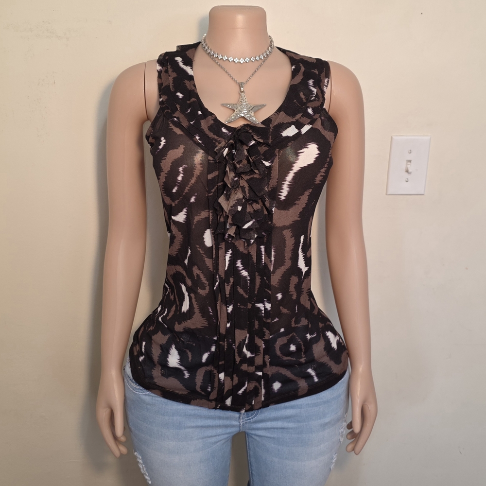 The Limited Brown Black Animal Print Ruffled Sleeveless Top